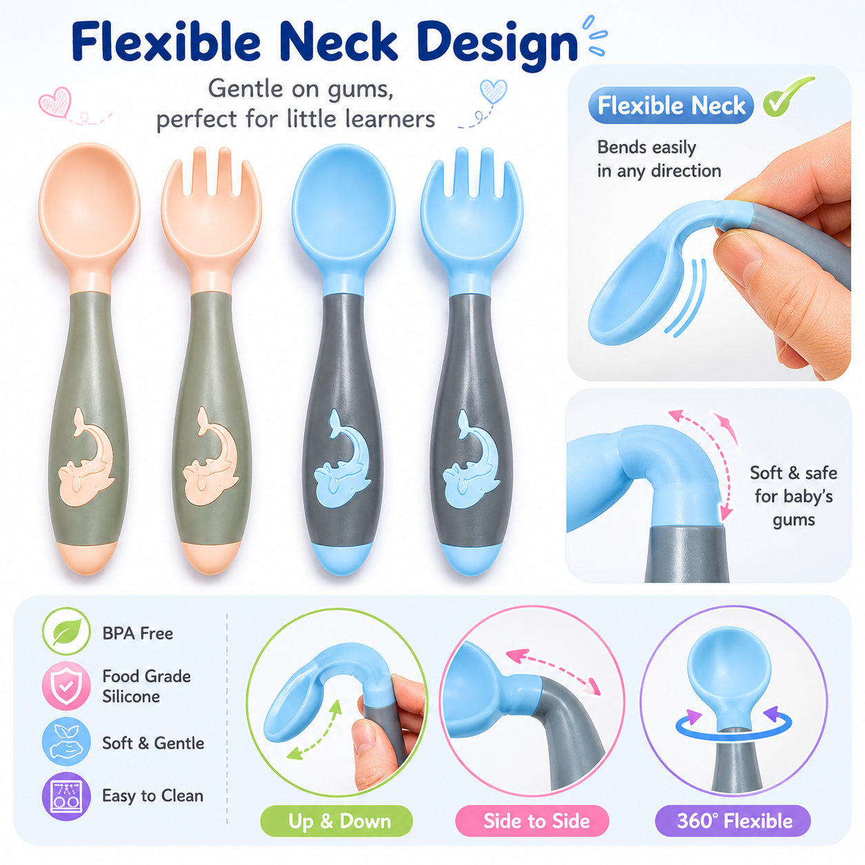 Baby Silicone Training Spoon & Fork Set – Flexible Neck (2PCS)