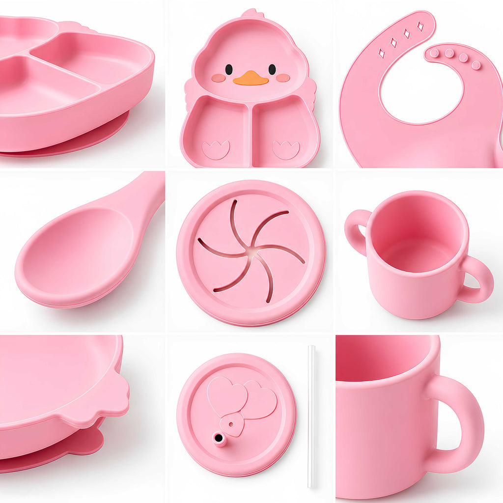Silicone Baby Feeding Set 8PCS Pink Duck Shape | Best Price Best Quality