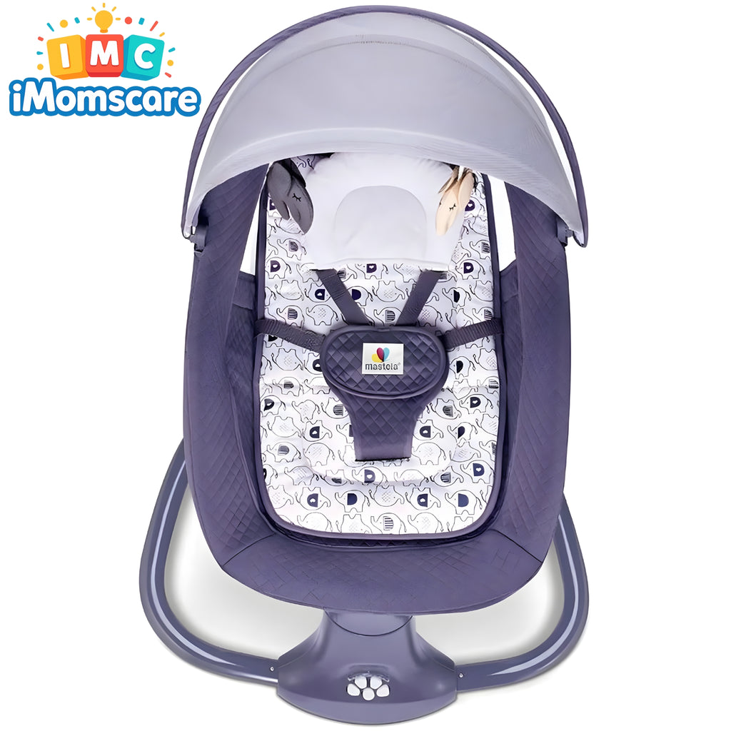 Baby swing with floral pattern and IMC Momscare branding on a white background