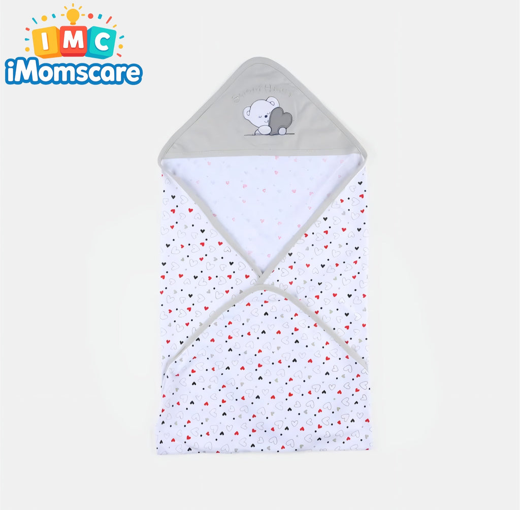 Baby hooded towel with heart pattern and teddy bear design on a light gray hood, branded with iMomscare.