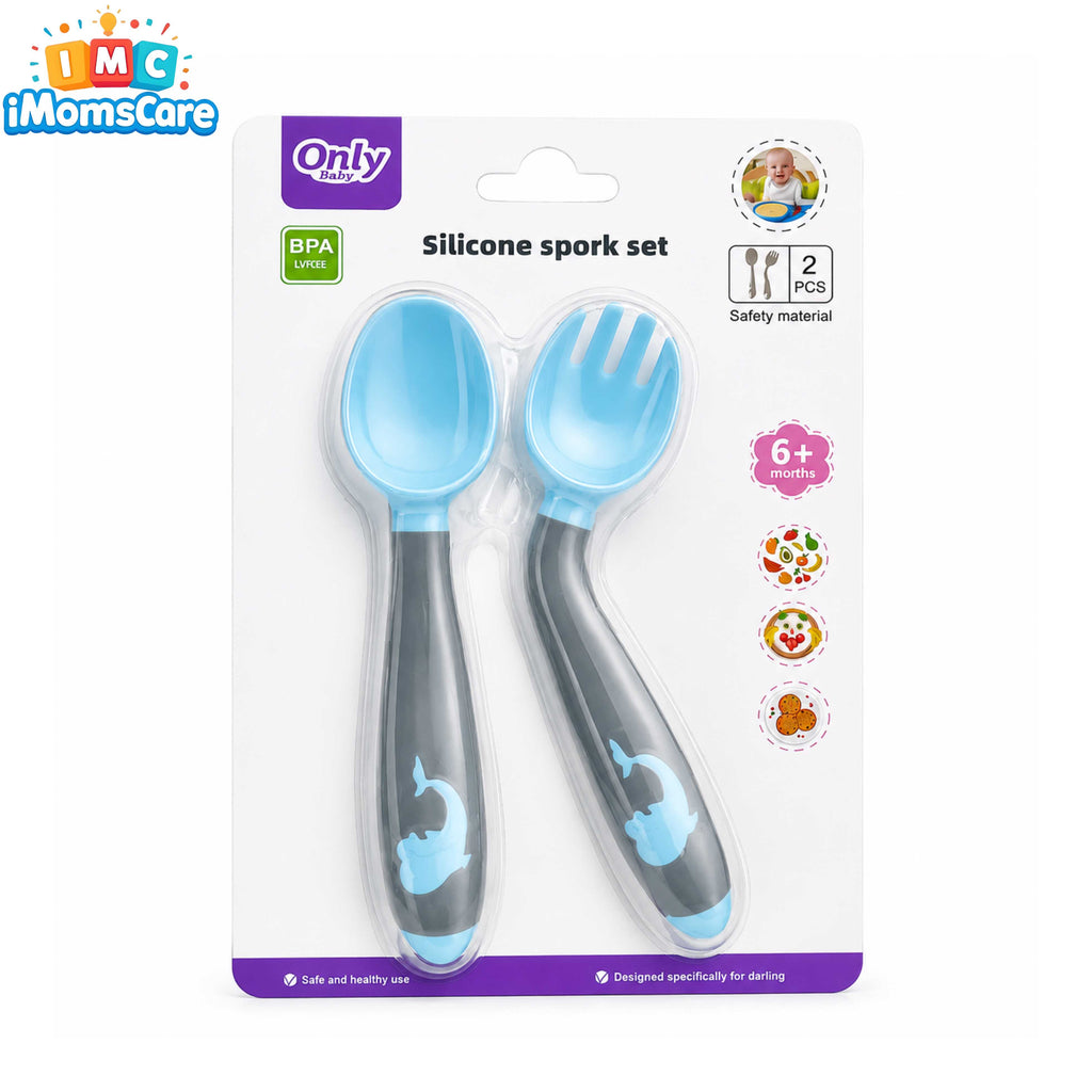 Baby Silicone Training Spoon & Fork Set – Flexible Neck (2PCS)