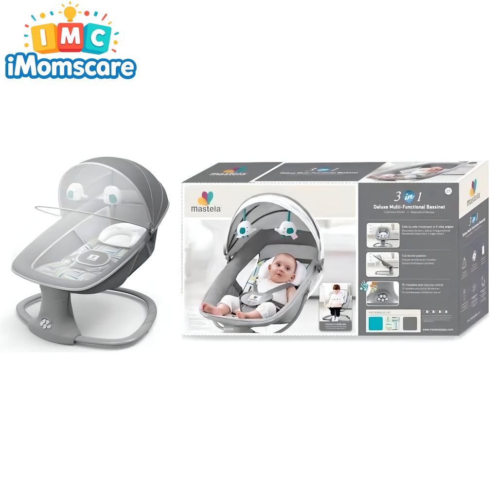 Gray baby swing with IMC iMomscare branding and packaging on a white background