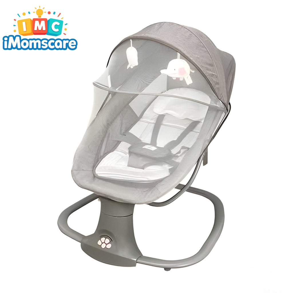 Baby swing with canopy on a white background, featuring the iMomscare brand.