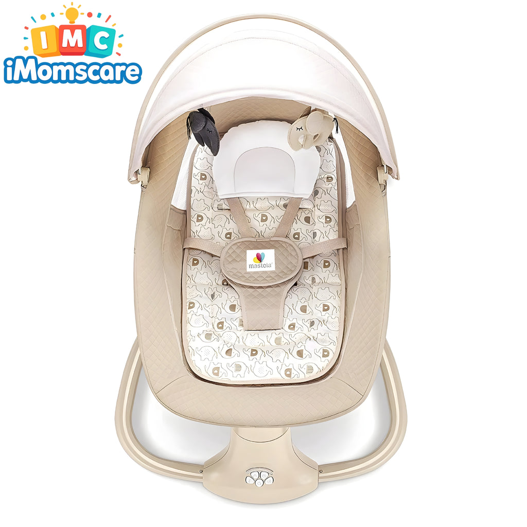 Baby swing with iMomscare branding on a white background